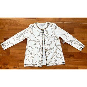 Kasper Womens XS White Cardigan With Beaded Trim & Leaf Print